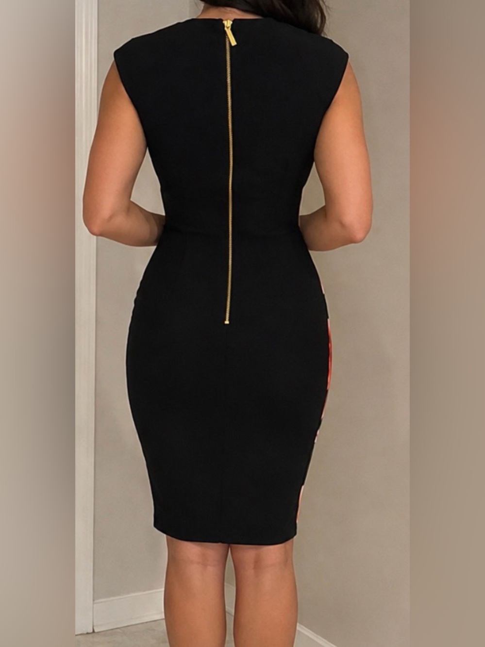 Calvin Klein Black Midi Sheath Dress with Peach-Orange Floral Print - Picture 2 of 4